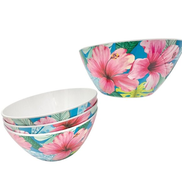 Mainstays Floral 28 Oz Bowls Set Of 4 Tropical Design Dishwasher Safe 6" Round - Picture 1 of 6